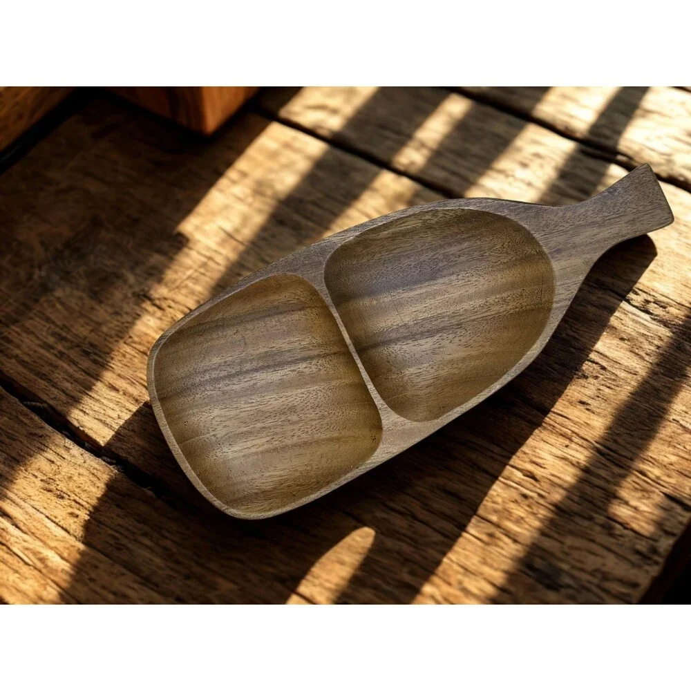 Vintage Hand Carved Monkey Pod Divided Dish 13